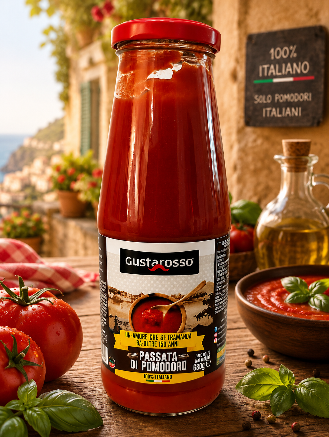 Passata de tomates de 150 ans de tradition italienne conditionnée en bouteille de verre de 680 grammes